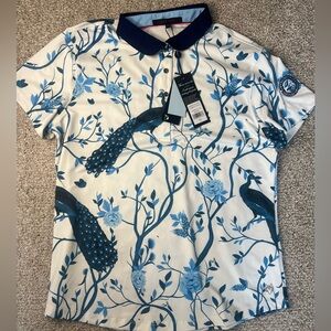 Greyson Blue and White Peacock Polo Shirt- Womens Size L - NEW